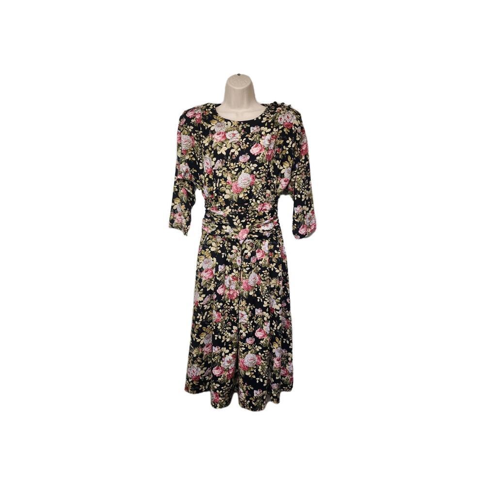 TJuniors Vintage 80s Paquette Floral Fit & Flare 3/4 Sleeve Dress Size 9